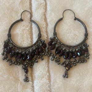 Silver garnet hoop chandelier earrings